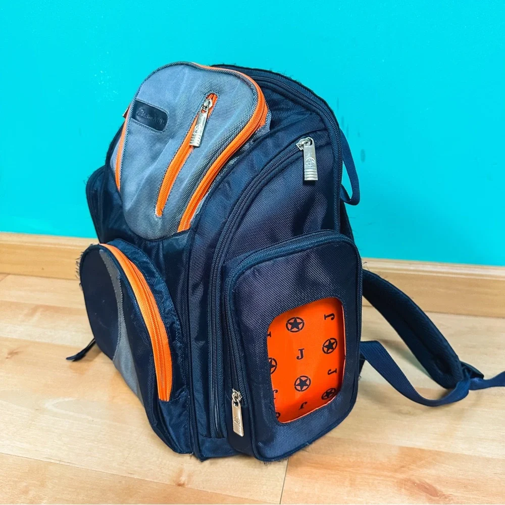 J is for Jeep Navy Blue & Orange Multipocket Diaper Bag Backpack
